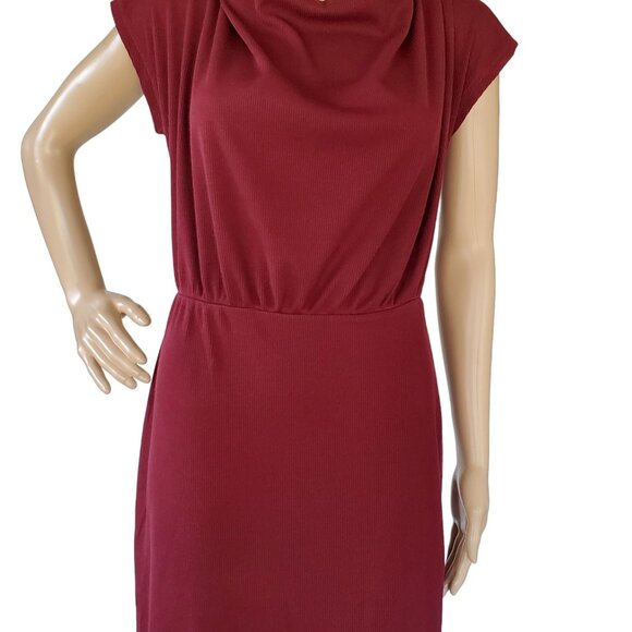 Women's L Midi Dress Sleeveless Cowl Neck Knit Stretch Maroon Red Elastic Waist - Picture 8 of 13